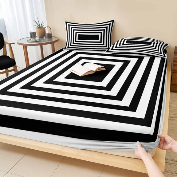 Cal.King Size Fitted Sheet Set - Black White Geometric 3 Piece Bedding Sets 16" Deep Pocket Fitted Sheet with 2 Pillowcases, Square Minimalist Modern Brushed Microfiber Hotel Luxury Bed Sheets