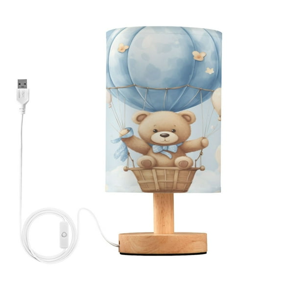 Bear Balloon Clouds Table Lamp USB Bedside Desk Nightstand Lamp Printed Gifts Small Lamp Wood Base for Bedroom Living Room Kids Room College Dorm