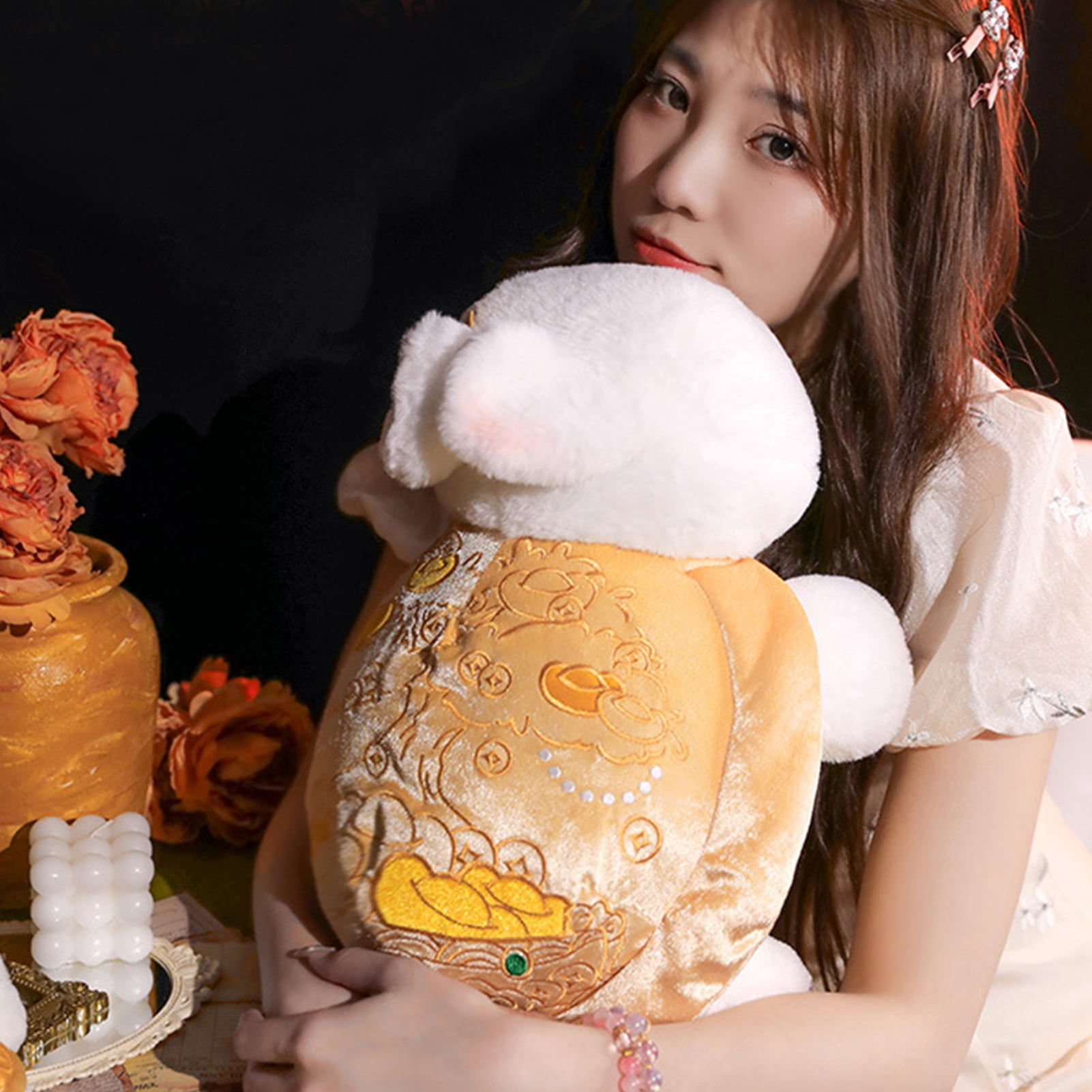 D-GROEE Soft Rabbit Plush Toy Rabbit Plush Toy with Shell Rose Golden Coins Pink Flower Soft Fuzzy Stuffed Plushie Home Decoration Girlfriend Valentine's Day