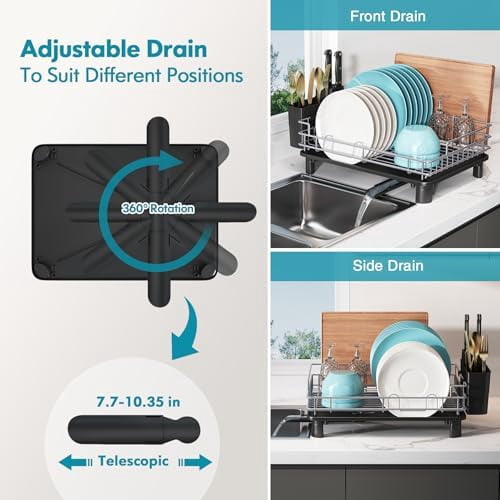 Stainless Steel Dish Drainers Drying Rack for Kitchen Counter with Automatic Drainage, 1 Tier Rust Proof Metal, Space Saving, Modern Aesthetic, Compact Plates Strainers,Gray