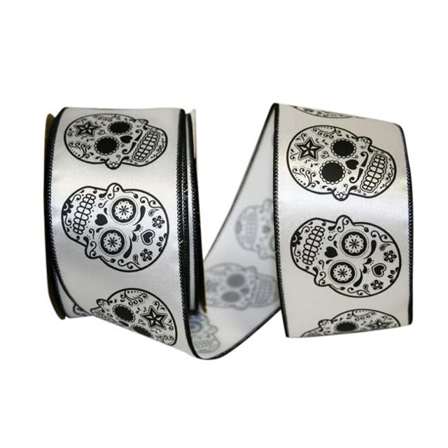 Reliant Ribbon 5505M-982-40F Day Of The Dead Wired Edge Ribbon - White & Black - 2.5 in. x 10 yards