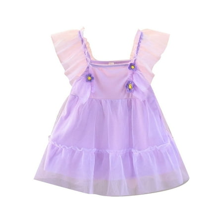 

Toddler Kids Girls Dresses Solid Color Ruffled Sleeve O-Neck Summer New Cute Small Fashion Mesh Princess Sundress Wedding Soft Dress For Chlidren
