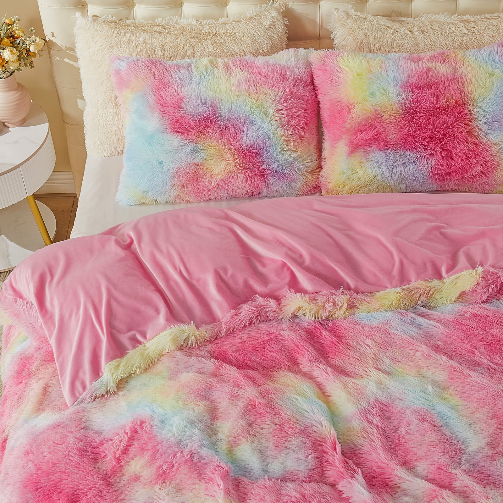EMME 3pcs Plush Shaggy Duvet Cover Set Queen Luxury Fuzzy Comforter  Set, Soft Fluffy Winter Bedding Set (Rainbow, Queen )