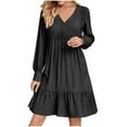 thumbnail image 3 of Bmawag Dresses for Women 2025 Boho Fashion Plus Size V-Neck Summer Dress Solid Long Dress Long Sleeve Pleated Midi Dress Black L, 3 of 7