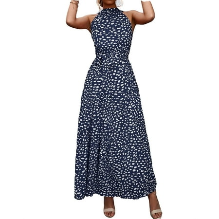 

Womens All Over Print Belted Halter Long Dress XL