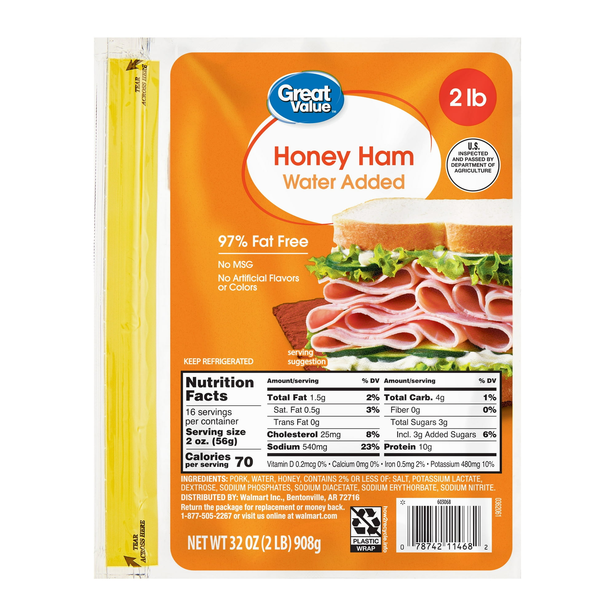 Great Value, Fully Cooked Honey Ham, Sliced 32 oz Plastic Pouch