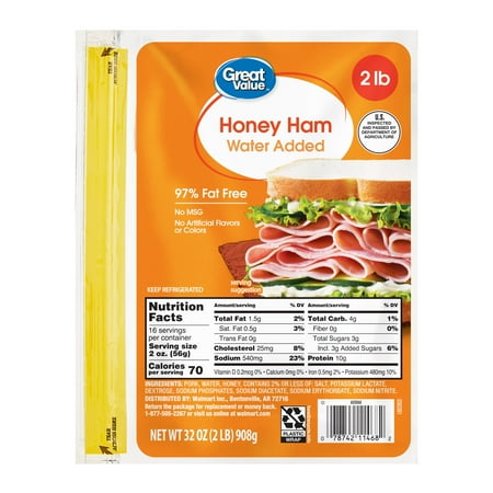 Great Value, Fully Cooked Honey Ham, Sliced 32 oz Plastic Pouch
