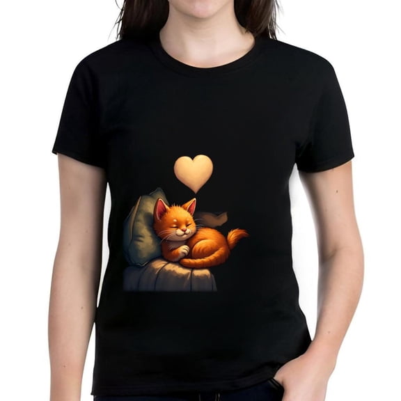 Cozy Cartoon Orange Cat Short Sleeve T-Shirt for Women - Cute Cushion Design with Glowing Heart Pattern