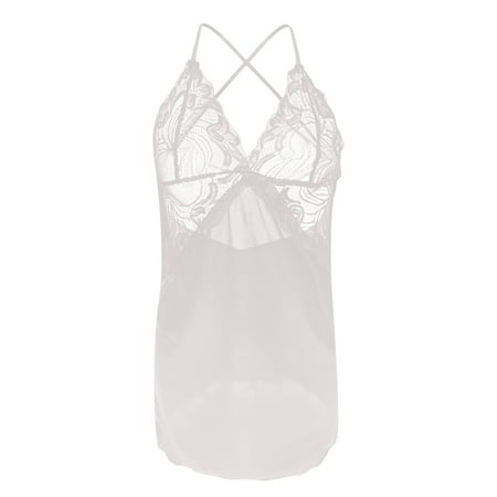 Chiccall Satin Lingerie for Women Deep V Neck Nightgown Cross Backless Silk Nighty Lace Babydoll Chemise Valentines Day Gifts for Women Clearance