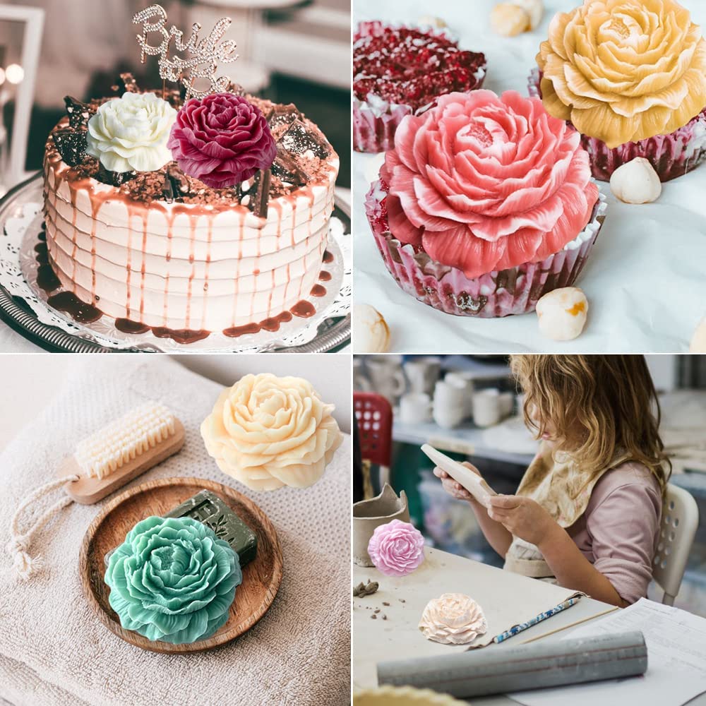 ABCISI 2PCS Peony Flower Silicone Soap Molds, 3D Resin Candle Molds Flower Fondant Silicone Mold for Handmade Cake Decoration Cupcake Jelly Candy Chocolate, Epoxy Casting Resin Craft