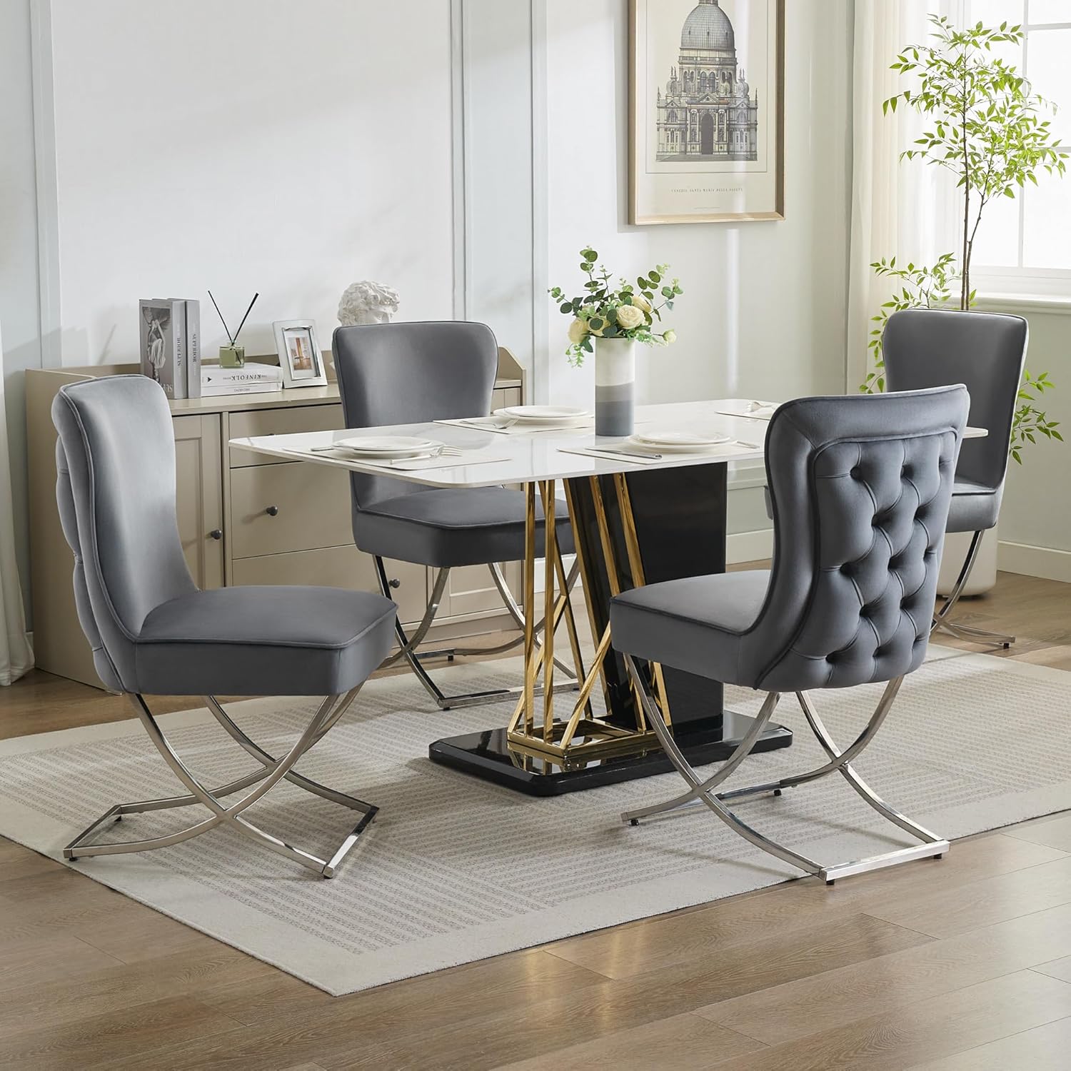 2PCS Luxury Velvet Dining Chairs, Tufted Upholstered Armless Accent Chairs with Silver Metal X-Legs, Modern Glam Dining Chair Kitchen Chairs, Dark gray