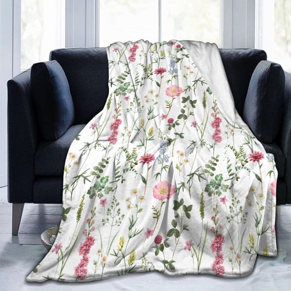Spring Summer Throw Blanket Wildflowers Blanket Green Wild Flower Plant Blankets 60 x 50 Inches Vintage Herbs Blanket Colorful Wild Flowers Printed Flannel Blanket for Bed Sofa Chair
