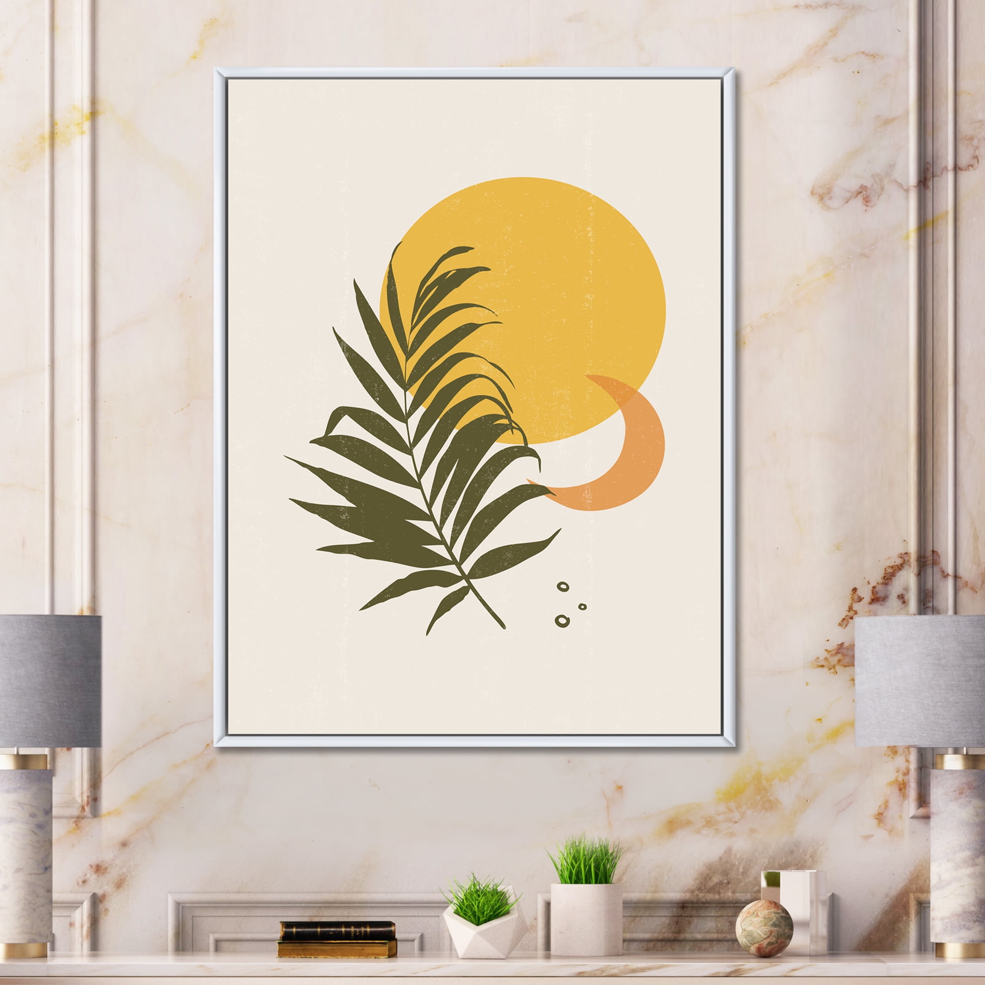 Designart 'Abstract Moon and Yellow Sun With Tropical Leaf I' Modern Framed Canvas Wall Art Print