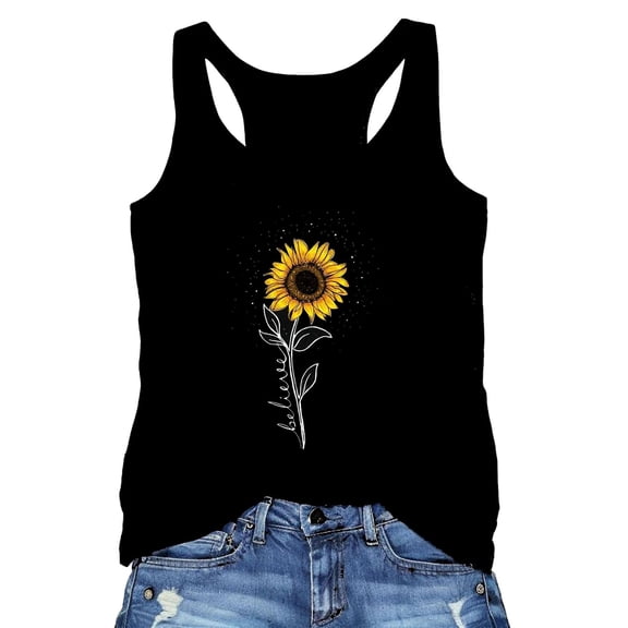 VOUZZA Women's Sunflower Graphic Tank Top Summer Sleeveless Casual Loose Fit Flower Print Tee