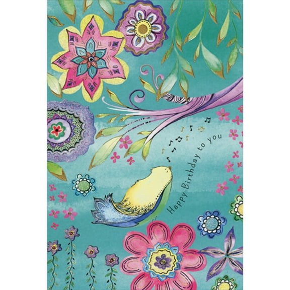 Pictura Yellow and Green Bird with Blue Tail Near Pink Branch Birthday Card