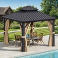 thumbnail image 3 of Dextrus 10'x10' Hardtop Gazebo with Nettings & Brown Curtains,Outdoor Double Roof Canopy Galvanized Aluminum Frame Tent,Sunshade for Garden, Patio, Lawns,  Black&Brown, 3 of 10