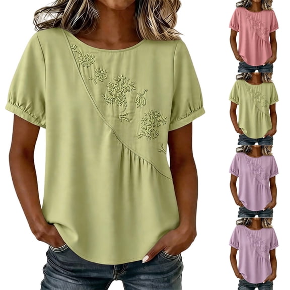 SEMPAI Cotton Linen Shirts for Women Summer 2026 Boho Retro Embroidered Tops Short Sleeve Dressy Casual Blouses Loose Tunics
