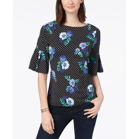 Charter Club Mixed Print Bell Sleeve Top Deep Black Cmb PS