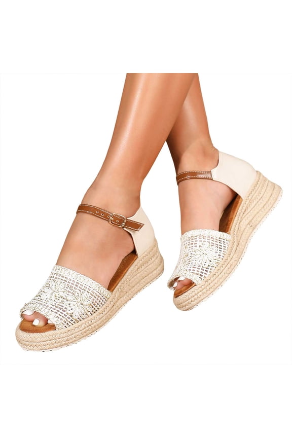 Womens Straw Crochet Woven Espadrilles Platform Dress Sandals Bohemian Beach Casual Peep Toe Ankle Strap Wedge Chunky High Heels Dressy Shoes for Travel Vocation Summer White Size 8