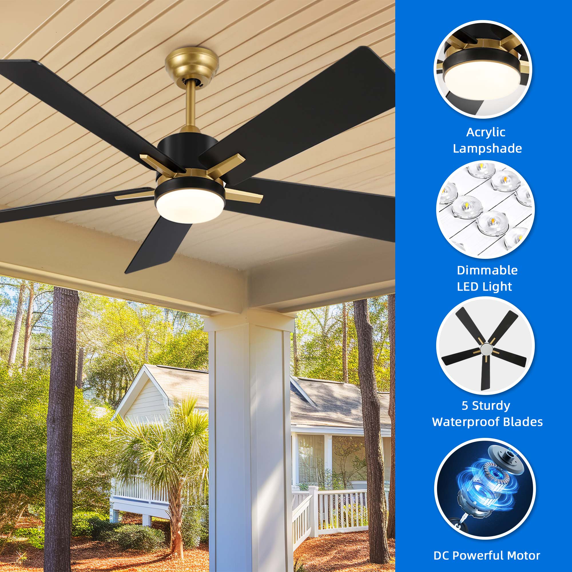 Uforic 52 Inch Modern Ceiling Fan with Light and Remote,APP Control,6 Speed, 5 Blades,Reversible Airflow for Indoor - Black & Gold