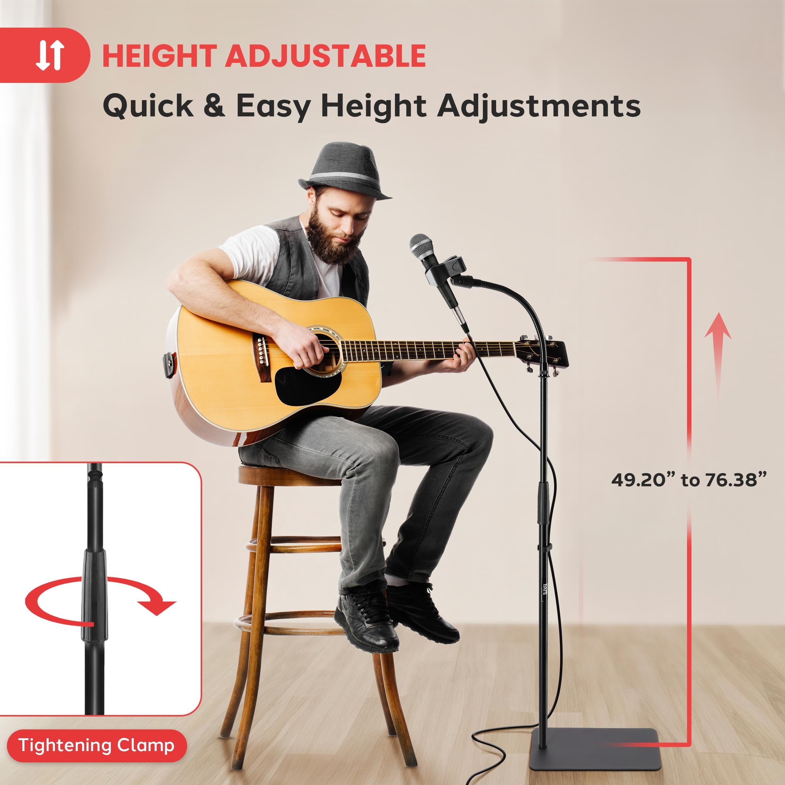 Pyle Square Base Gooseneck Microphone Stand with Mic Clip - Heavy Duty, Height Adjustable, 49.20" to 76.38”, Solid Die-Cast Base, Studio & Concert Use, Universal 5/8'' Adapter, Cable Clip Included