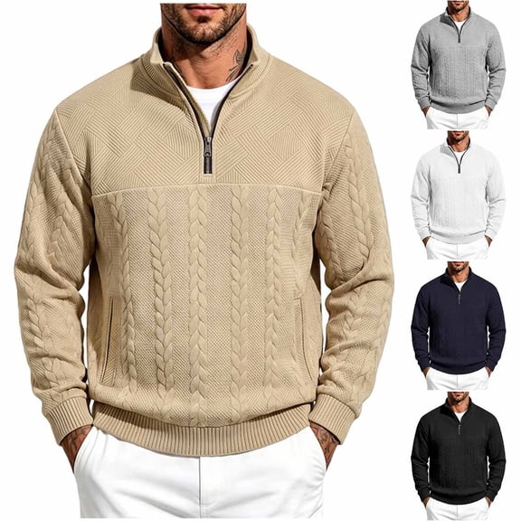 MiYuan Men's Quarter Zip Pullover Sweater Cable Knit Sweaters V Neck, Soft Touch Texture, Machine Washable, Stand Collar, Long Sleeve Fall Winter