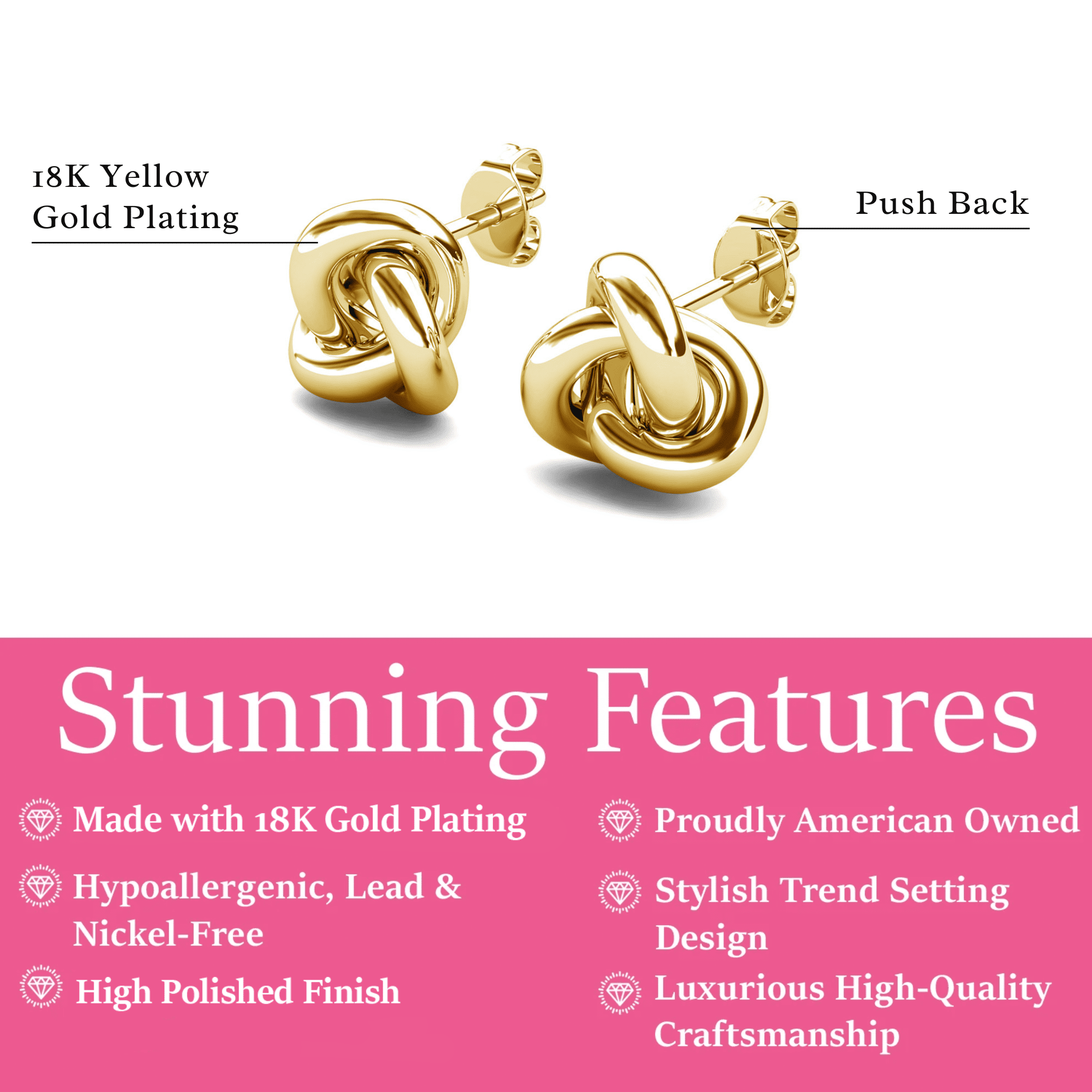 Cate & Chloe Ashley 18k Yellow Gold Plated Knot Stud Earrings, Gift for Women