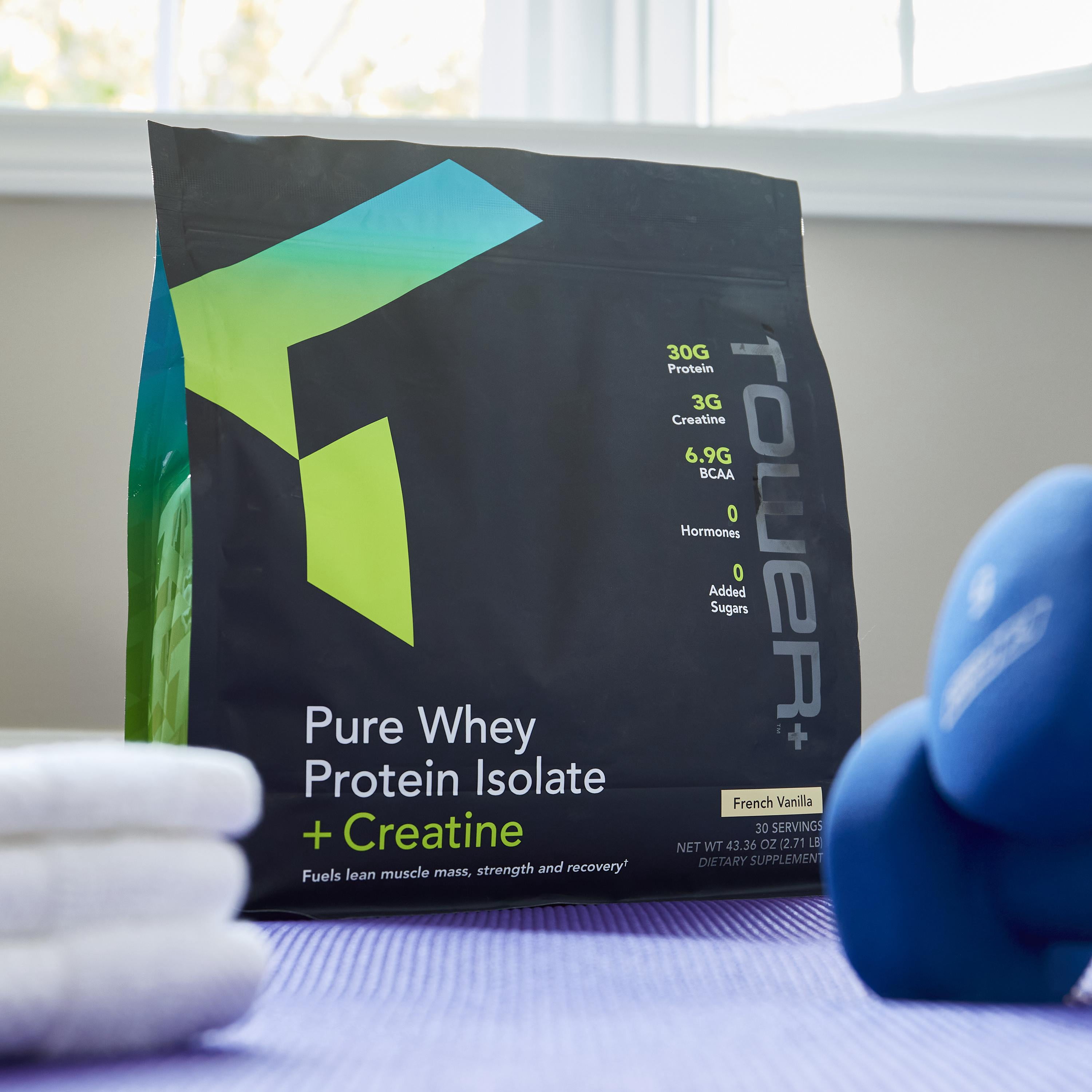 Tower+ Pure Whey Protein Isolate with Creatine, 30g Protein, Gluten-Free, Vanilla Flavor, 30 Servings for Muscle Growth, Recovery & Performance