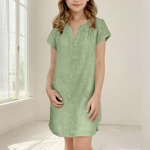 Spazoro Toddler Girls A-Line Dress, Casual Solid Color Round Neck Short Sleeve Princess Dresses for Child Girls Green Size 11 T