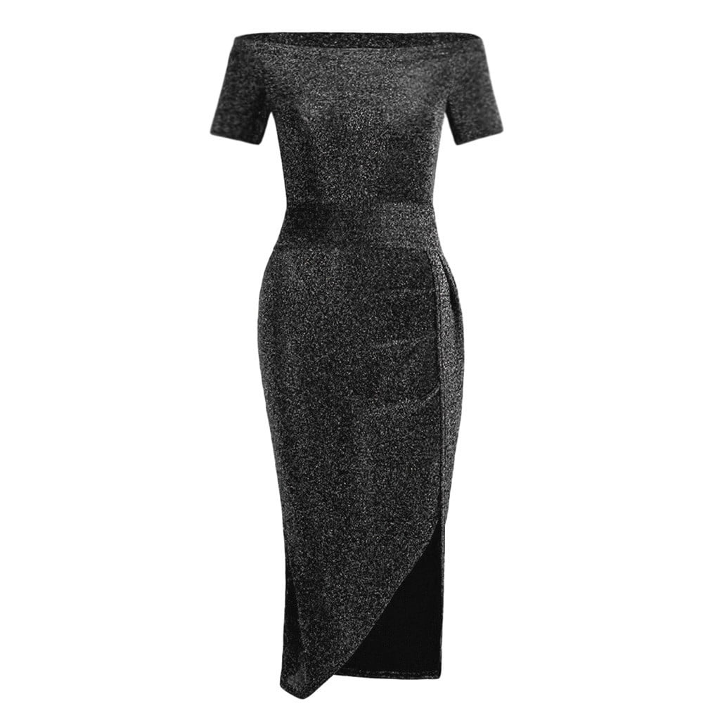 XUELUO Summer Dresses For Women Sequins Solid Color Off Shoulder Short Sleeve A Line Slim Bodycon Dress Beachwear,Black,M