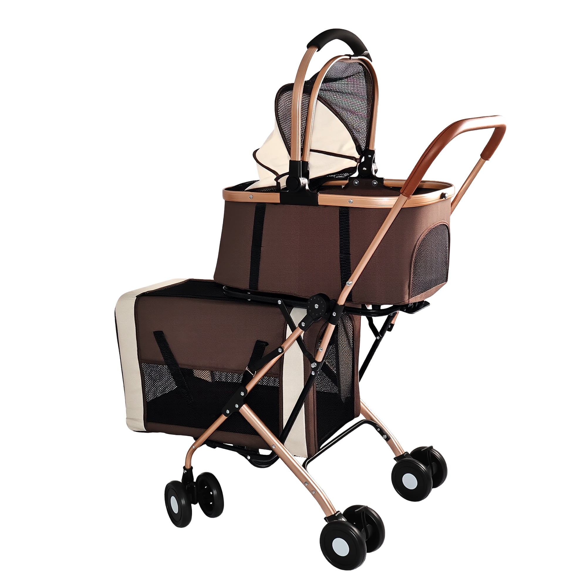 3-in-1 Double Layer Pet Stroller with Detachable Baskets & Handbag, Each Layer Holds 15 LBS, Shockproof 360° Swivel Lockable Wheels, Dual-Button Foldable for Small Dogs Cats Rabbits