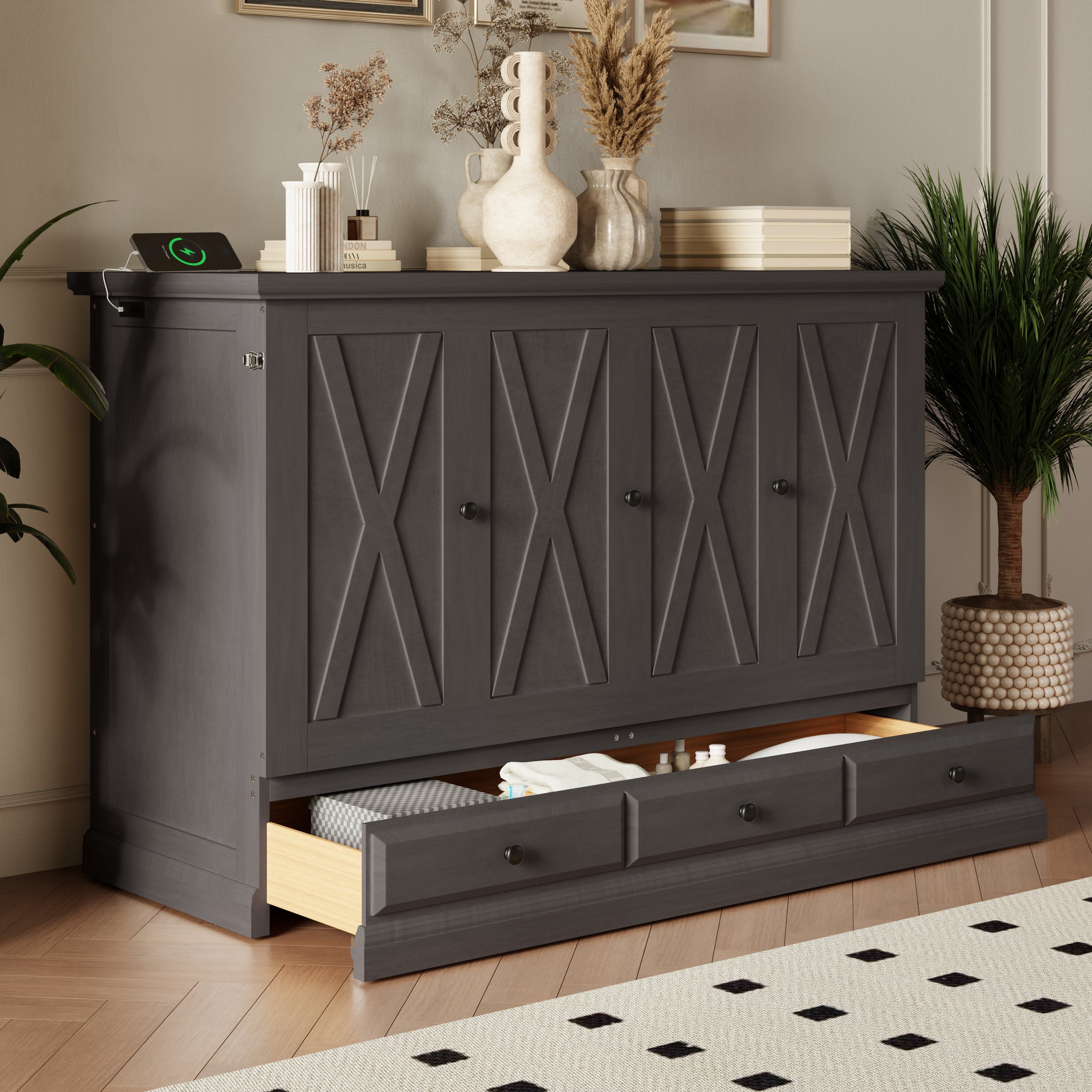Euroco Wood Queen Size Murphy Bed with Drawers and USB Charging, Convertible Bed for Adults, Gray