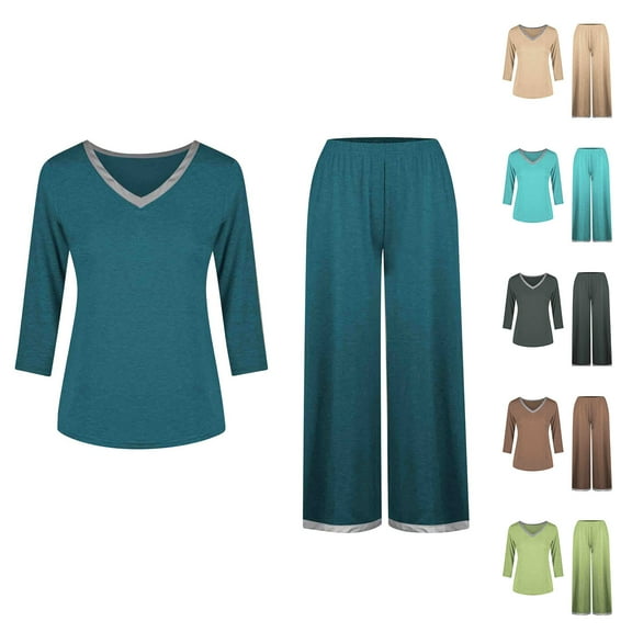 ZZwxWA Womens Two Piece Casual Sets Solid V Neck 3/4 Sleeve Tunic Outfits Hight Waist Wide Leg Pants Loungewear Pajamas 50% Off Clear