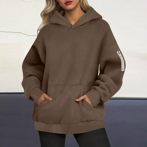 Guieoi Sweatshirts for Women Plus Size under $10.00 Women's Casual Loose Solid Color Zipper Pocket Long Sleeved Hooded Sweatshirt Top Brown Black*Friday/Cyber*Monday