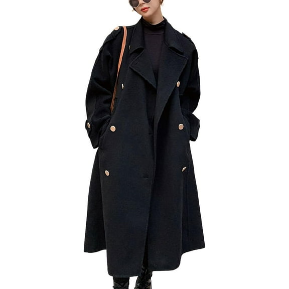 FUNING  Women's Winter Double Breasted Midi Long Wool Pea Coat Notch Lapel Winter Trench Coat