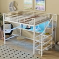 thumbnail image 4 of EUROCO Modern Metal Full Size Loft Bed with Wardrobe, Shelf and Desk with LED Light, Storage Staircase for Kids Teens, White, 4 of 14