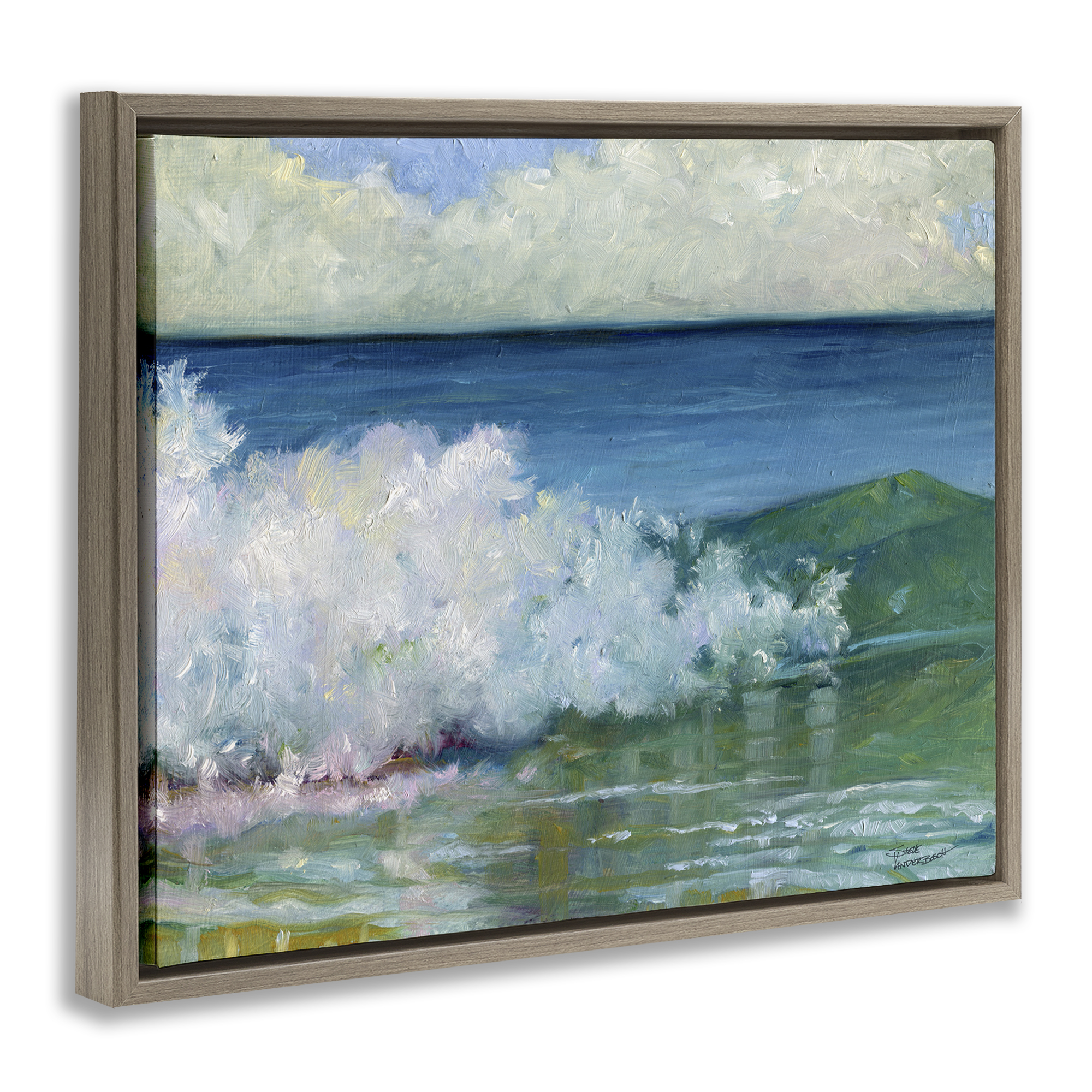 Stupell Industries Strong Splashing Wave Landscape Painting Brown Floater Framed Canvas Art Print Wall Art, 31 x 25