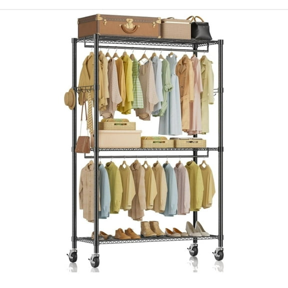 KABB 3 Tier Heavy Duty Rolling Garment Rack with Lockable Rollers,Large storage space, clothes hanger rack，closet rack，Shelves ，Freestanding Clothing Rack,Black,35"W x 17"D x 71"H