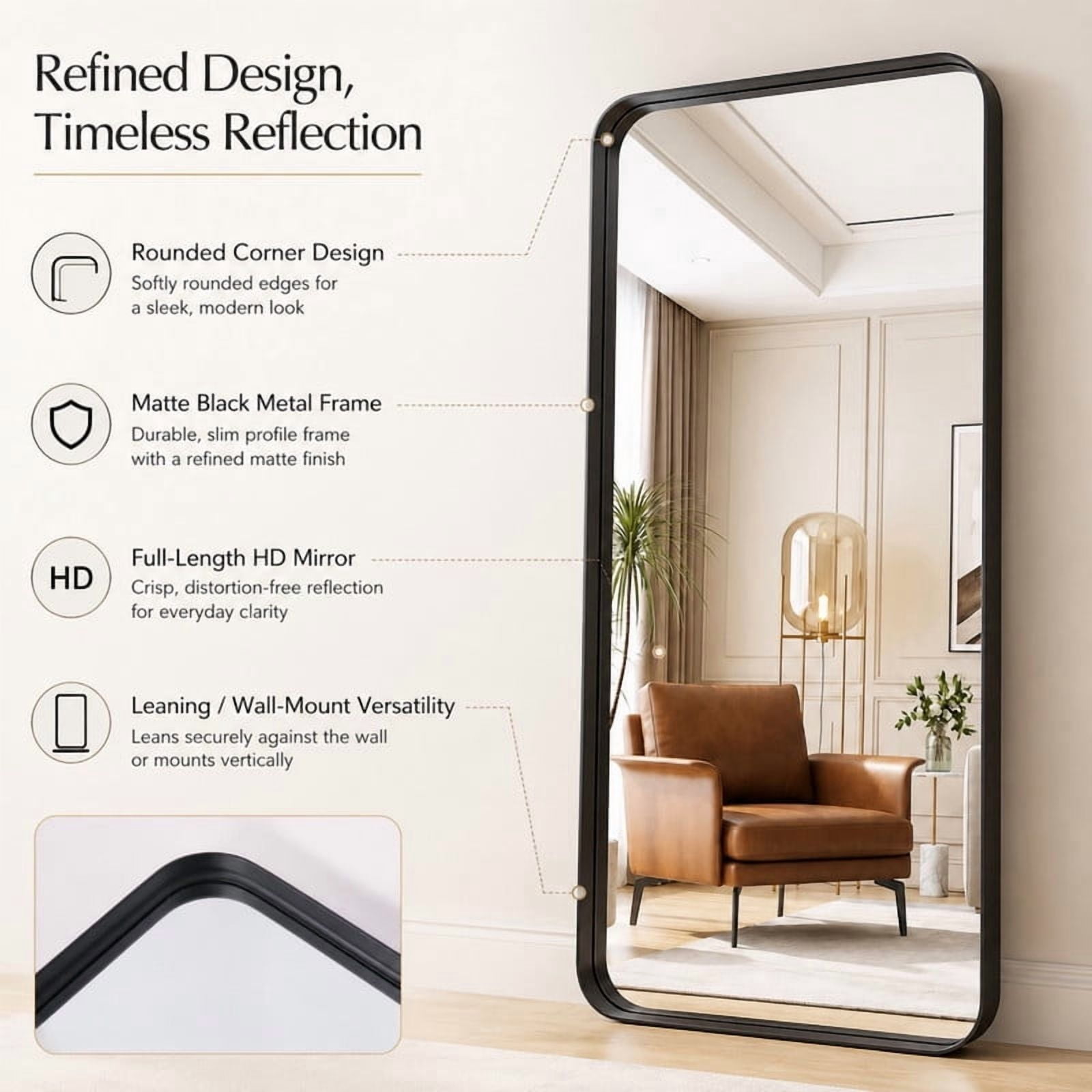 Easy4Home 72"x30"Deep Frame Rounded Rectangle Full Length Dressing Mirror Floor Standing Mirror Wall Mounted,Black