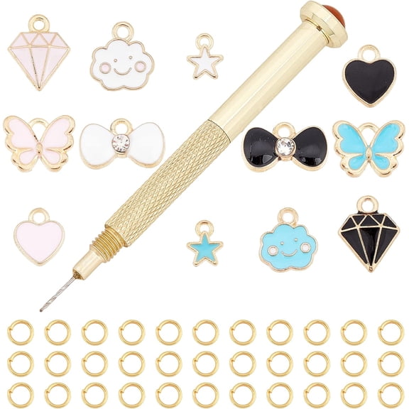 1 Box 270Pcs Nail Piercing Charms Set Art Pierced Tools Star Heart Butterfly Alloy Enamel Charms Dangle Hand Drill Jump Rings for Fingernail Jewelry Decorations Crafts Supplies DIY