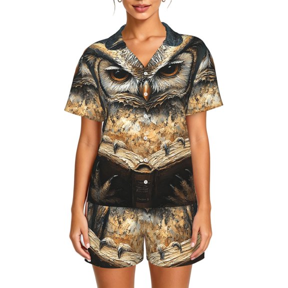 Women's 2-Piece Pajama Set, Short Sleeve Button-Down Top with Pants, Sleepwear Loungewear, Owl With Book Art