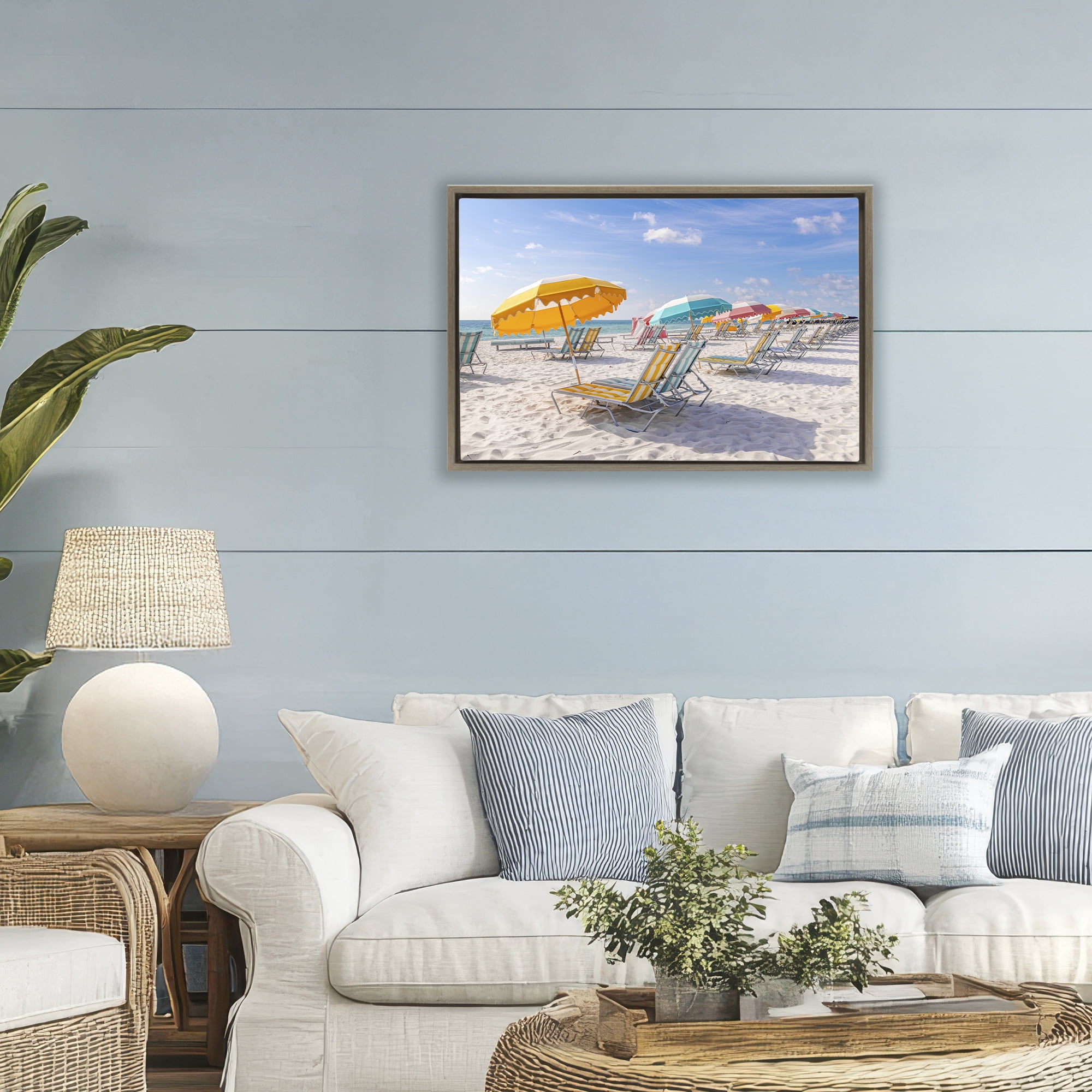 Stupell Industries Striped Umbrellas on Sunny Beach Brown Framed Floater Canvas Wall Art, design by Richard Silver