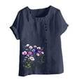 thumbnail image 4 of Wiyuqeen Woman Boho Linen Shirts Rolled Short Sleeve Floral Tshirs Crew Neck Casual Loose Graphic Tees Plus Size Summer T-Shirts, 4 of 5