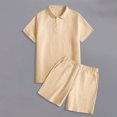 thumbnail image 4 of JUUYY Men's 2 Piece Casual Sets Solid Textured Short Sleeve Button Up Collared Shirts and Drawstring Shorts Set Summer Outfits Khaki S, 4 of 5