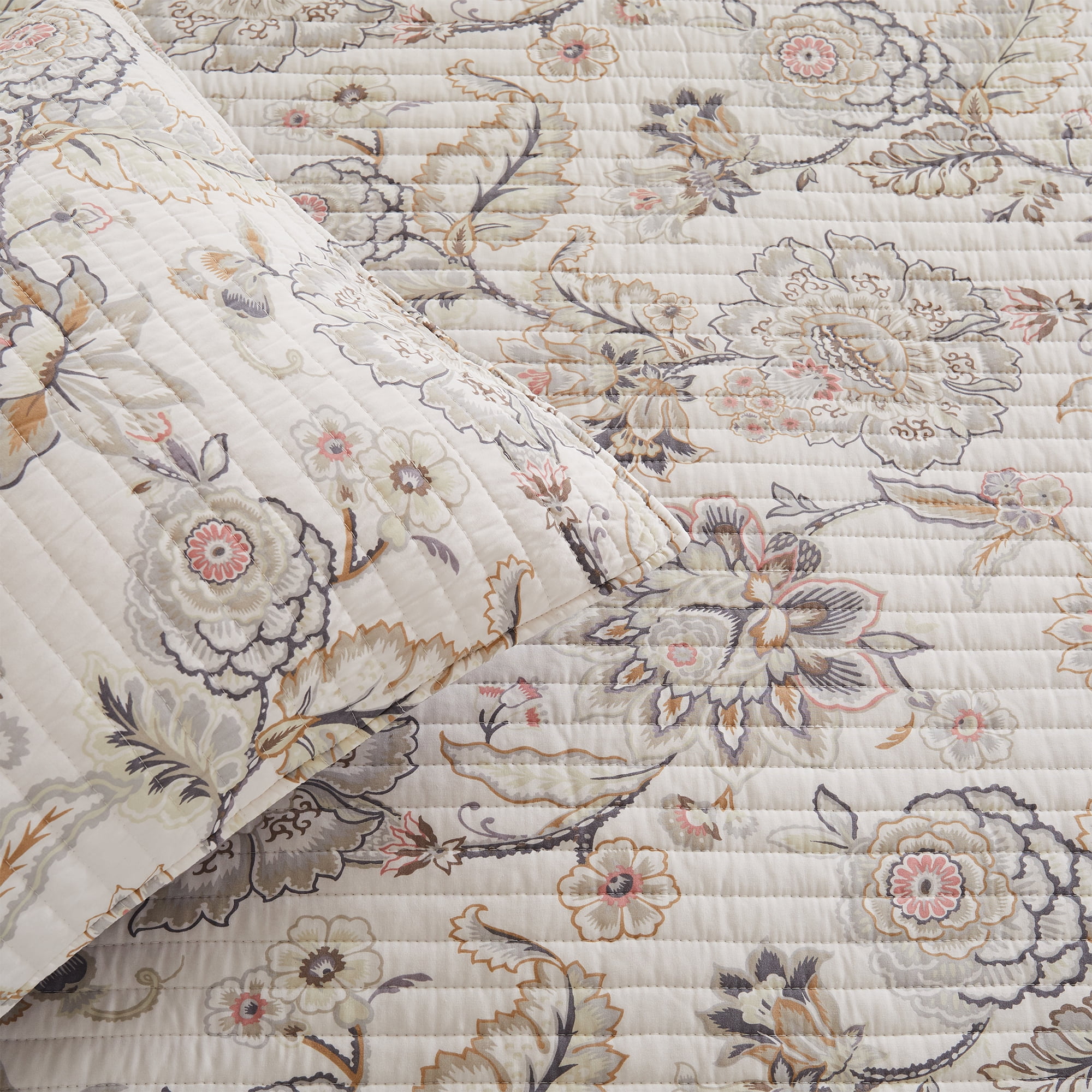 Levtex Home - Ophelia Blush Bedspread Set - Twin Bedspread and One Standard Sham - Floral - Taupe Grey Cream Blush - Bedspread (80x110in.) and Sham (20x26in.) - Rayon/Cotton