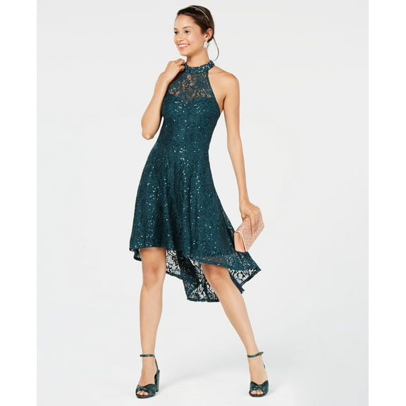 City Studios Juniors Sequined Lace High Low Dress Emerald 13