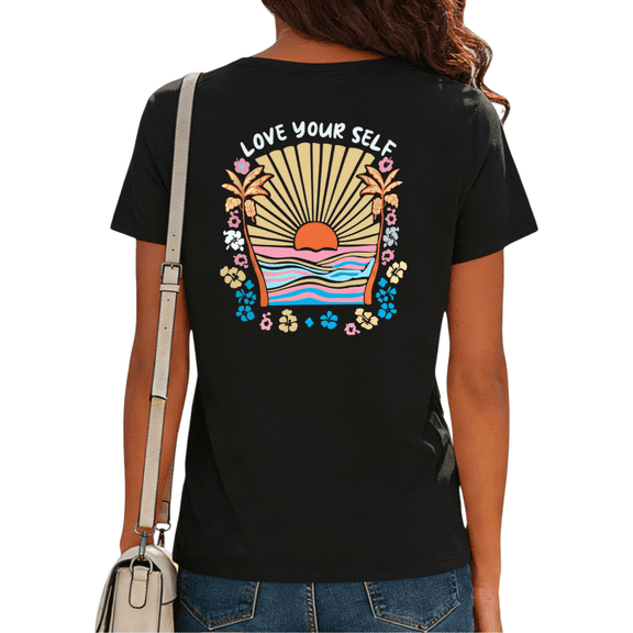Giffimy Women's Love Yourself Tropical Sunset Palm Floral Graphic Short Sleeve T-Shirt S-5XL Casual Cotton Fashion Top
