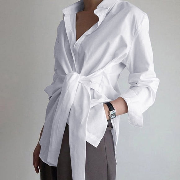 Frostluinai Women's Long Sleeve Button Down Shirts Trendy Tie Waist Tops Casual Loose Lapel Collar Blouses Solid Color Versatile Tops Office Work T-Shirts