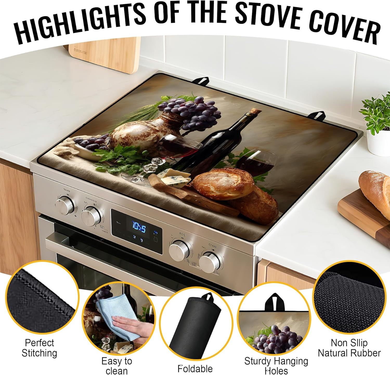 Stove Top Cover for Electric/Glass Stove, Flat Top Cooktop Protector, Electric Cooktop Cover, Extra Counter Space for Kitchen (Red Wine & Grapes)