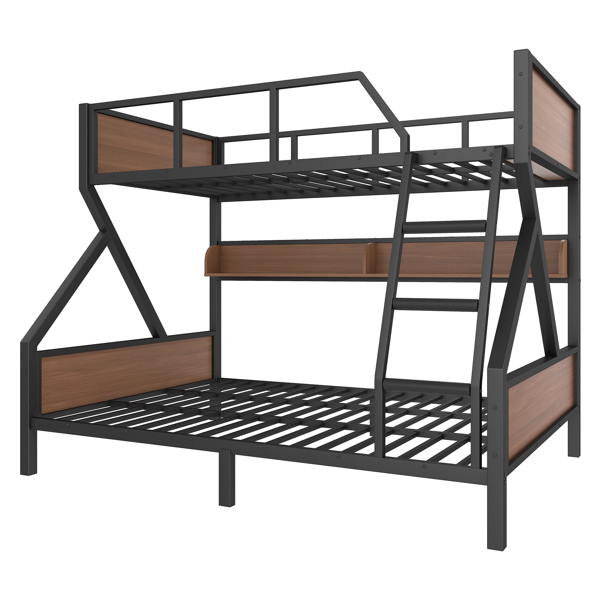 Full XL/Queen over Queen Metal Bunk Bed with Storage Shelves and LED Lights, Metal Bunk Bedframe with Safety Guardrails, Space-saving & Noise-free Design